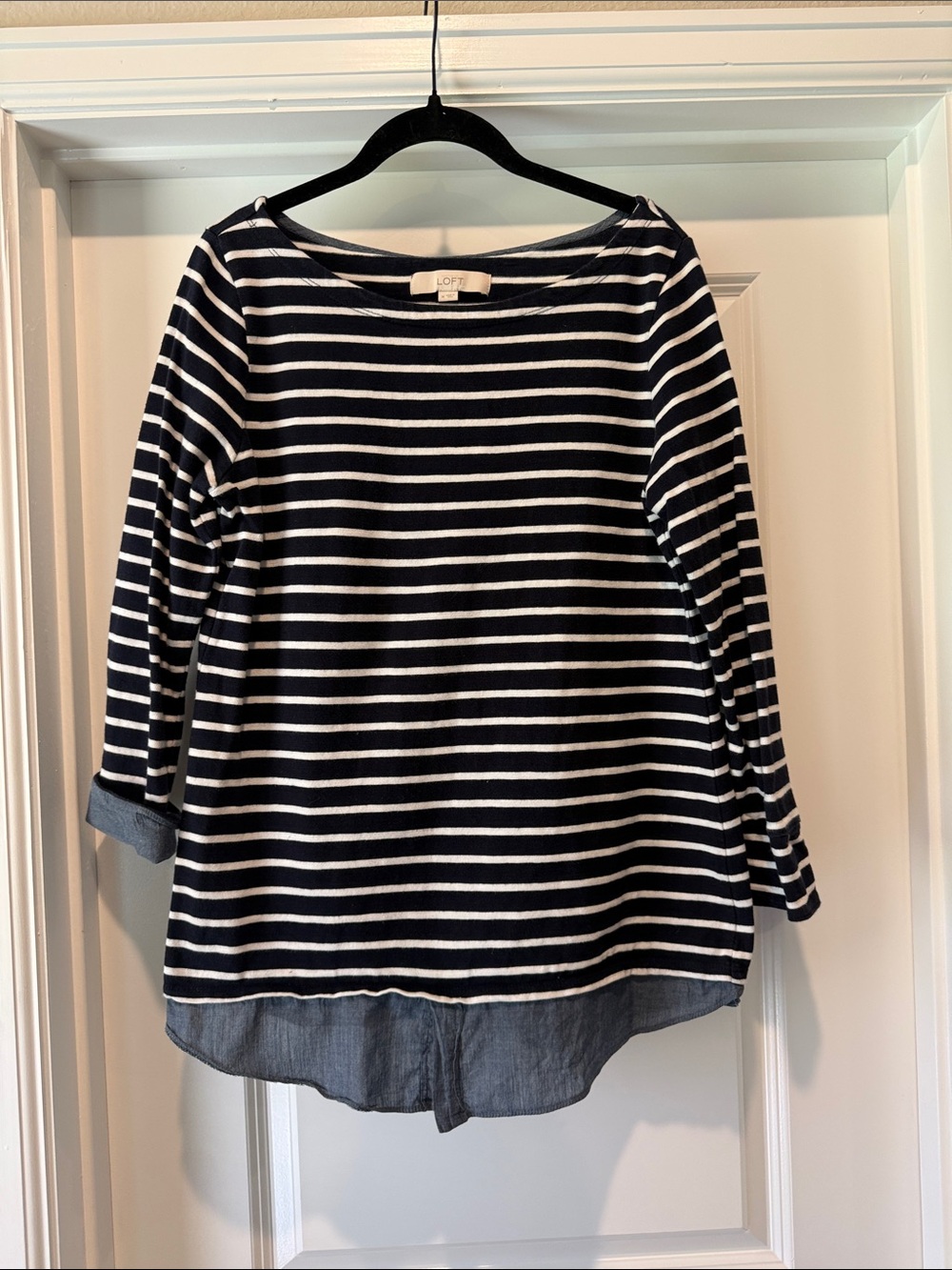 LOFT Navy & White Striped Boatneck Tunic with Chambray Hem Size Medium